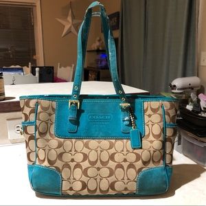 Coach Purse Turquoise Suede with Tan Canvas